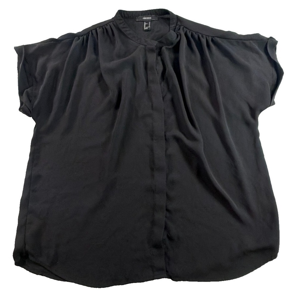 Forever 21 Black Chiffon Blouse Women Small Gathered Neck Short Sleeve Flowy Top